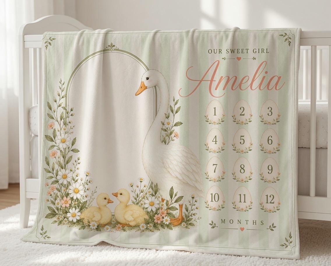 Personalized Goose Milestone Blanket for Baby Girl - Floral Baby Monthly Photo Prop - Custom Name Newborn Growth Tracker