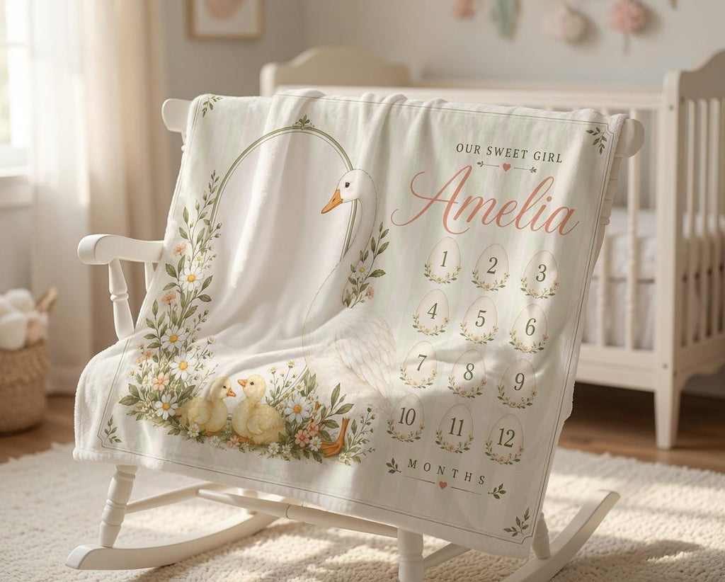 Personalized Goose Milestone Blanket for Baby Girl - Floral Baby Monthly Photo Prop - Custom Name Newborn Growth Tracker