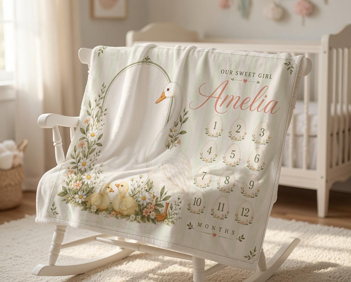 Personalized Goose Milestone Blanket for Baby Girl - Floral Baby Monthly Photo Prop - Custom Name Newborn Growth Tracker