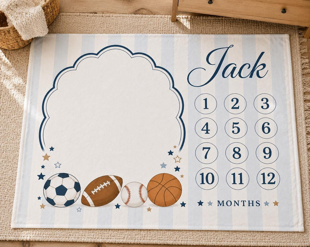 Personalized Sports Baby Milestone Blanket, Custom Boy Monthly Milestone Blanket, Football Soccer Basketball Baseball Baby Bl