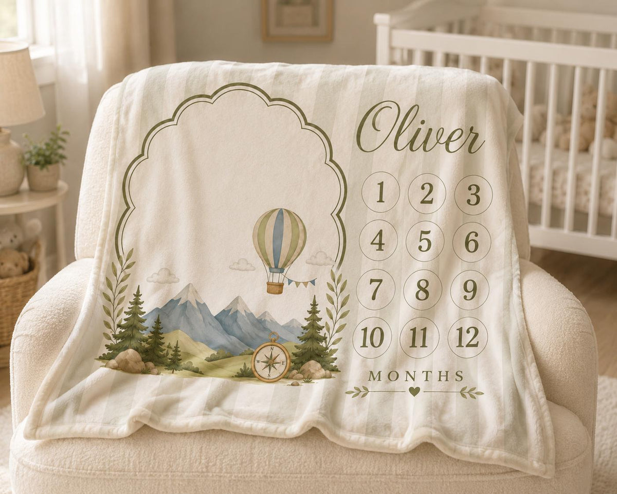 Personalized Baby Milestone Blanket, Adventure Baby Shower Gift, Custom Baby Boy Milestone Blanket, Woodland Mountain Monthly