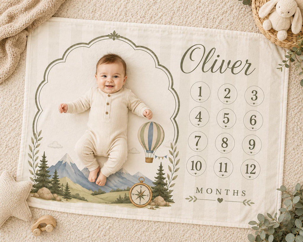 Personalized Baby Milestone Blanket, Adventure Baby Shower Gift, Custom Baby Boy Milestone Blanket, Woodland Mountain Monthly