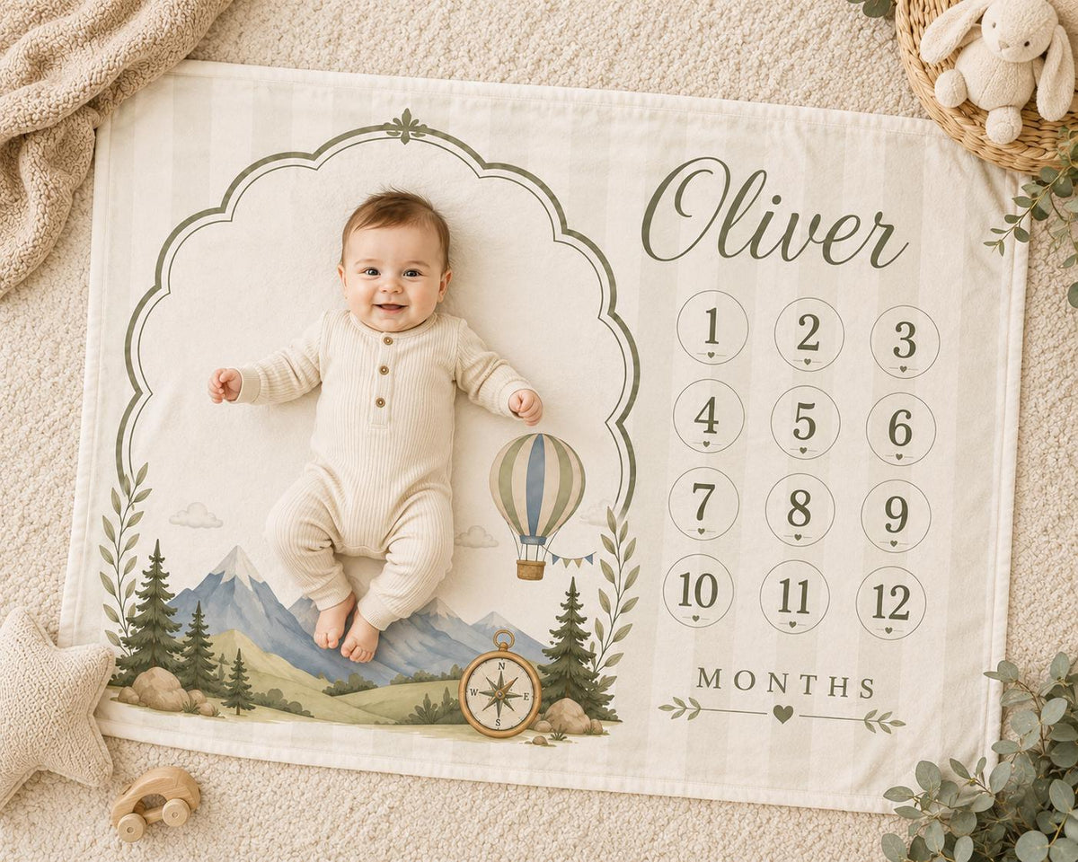 Personalized Baby Milestone Blanket, Adventure Baby Shower Gift, Custom Baby Boy Milestone Blanket, Woodland Mountain Monthly