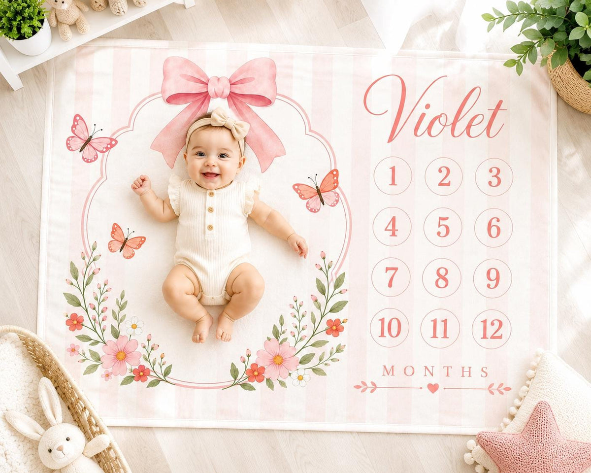 Personalized Baby Girl Milestone Blanket, Pink Bow Baby Shower Gift, Custom Monthly Milestone Blanket, Butterfly Floral Baby 
