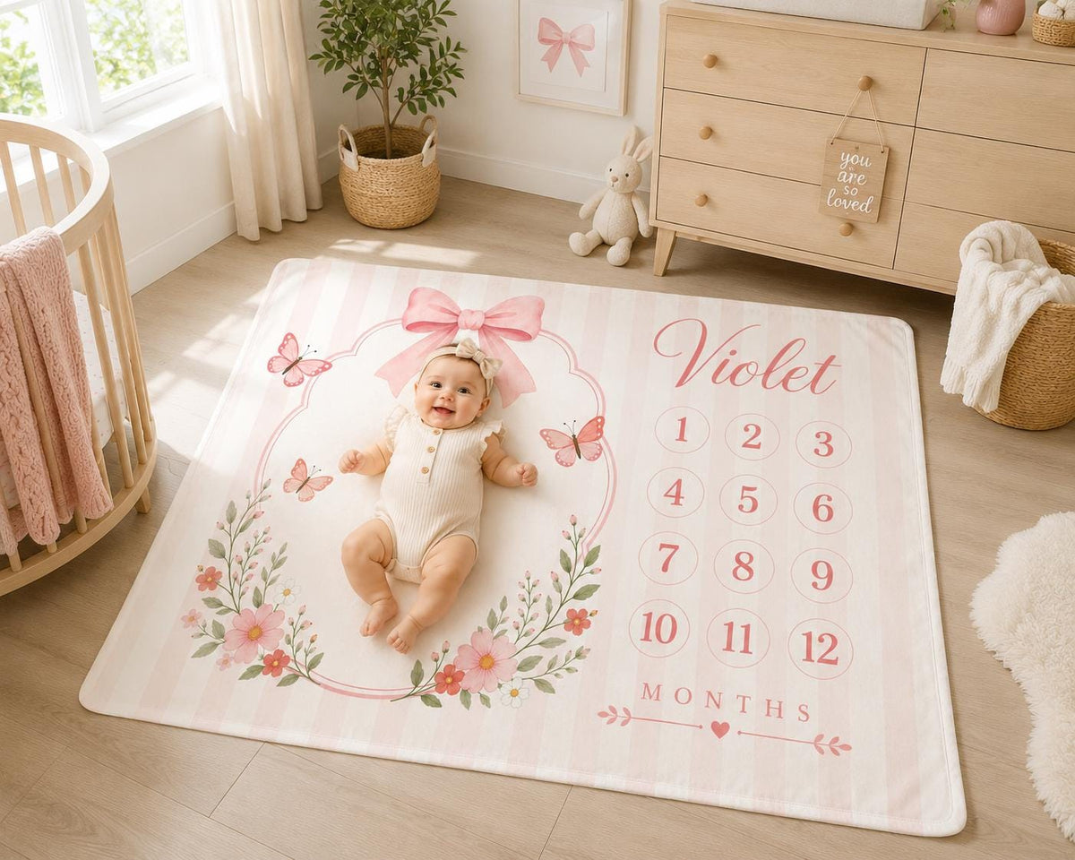 Personalized Baby Girl Milestone Blanket, Pink Bow Baby Shower Gift, Custom Monthly Milestone Blanket, Butterfly Floral Baby 