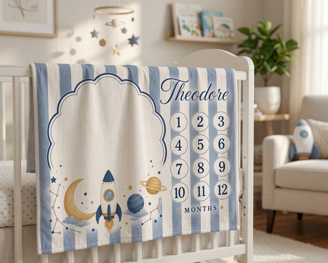 Personalized Space Baby Milestone Blanket, Rocket Baby Shower Gift, Custom Monthly Milestone Blanket, Outer Space Baby Boy Bl