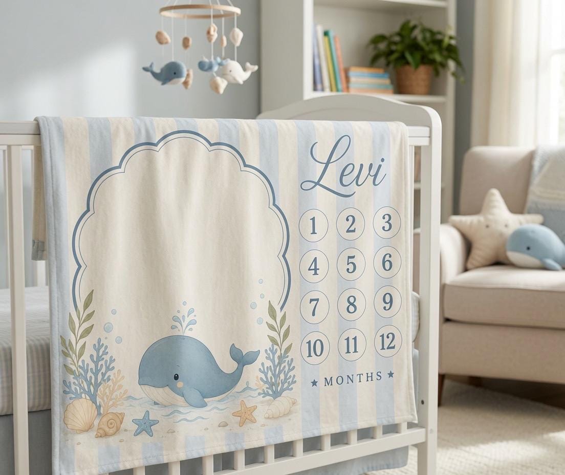 Personalized Whale Baby Milestone Blanket, Ocean Baby Shower Gift, Custom Monthly Milestone Blanket, Under the Sea Baby Boy B