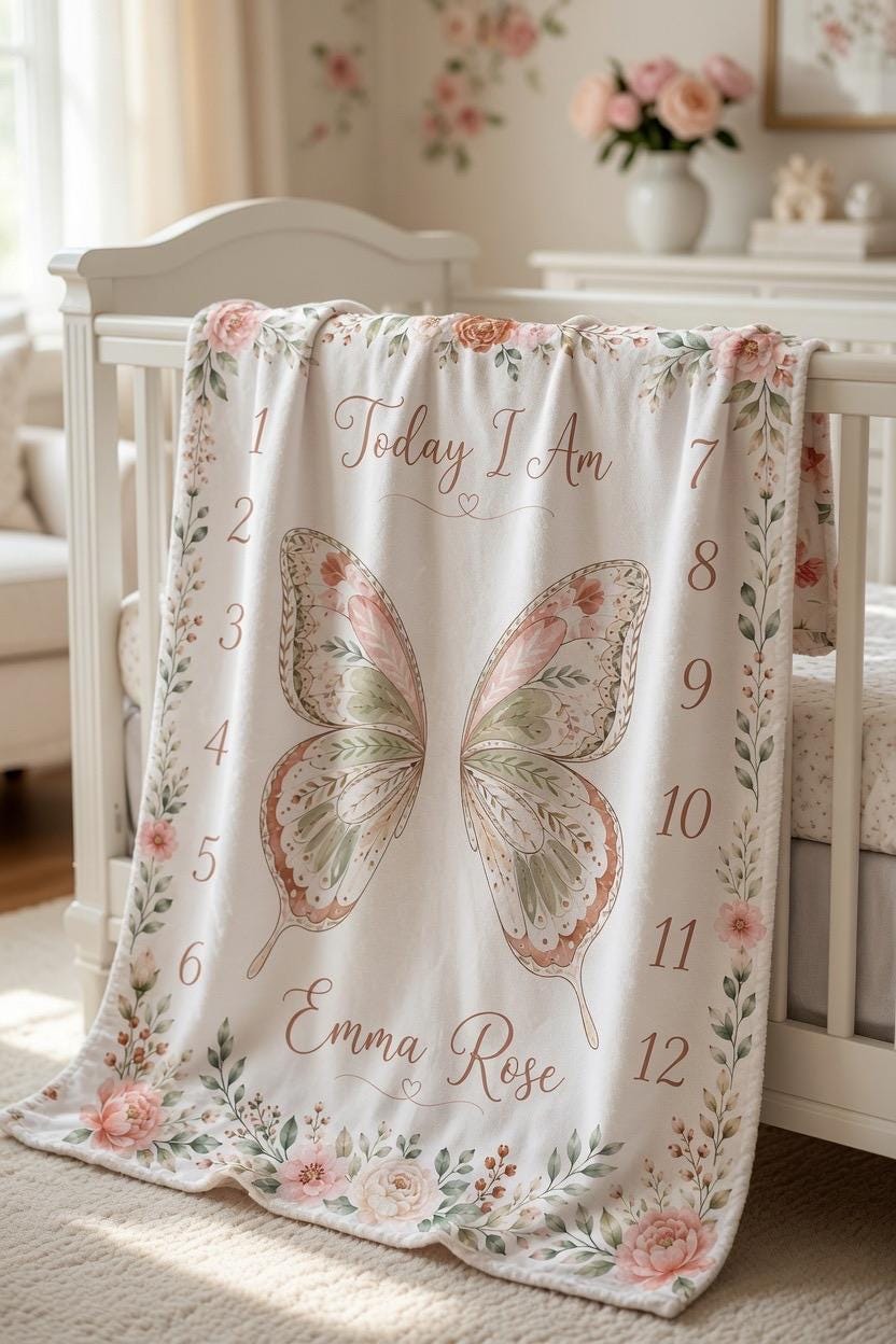 Personalized Butterfly Baby Milestone Blanket, Floral Baby Shower Gift, Boho Baby Girl Monthly Milestone Blanket, Custom Firs