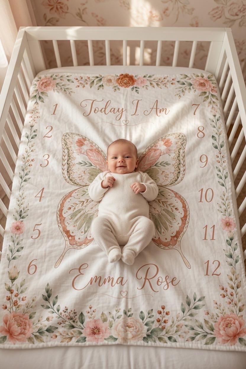 Personalized Butterfly Baby Milestone Blanket, Floral Baby Shower Gift, Boho Baby Girl Monthly Milestone Blanket, Custom Firs