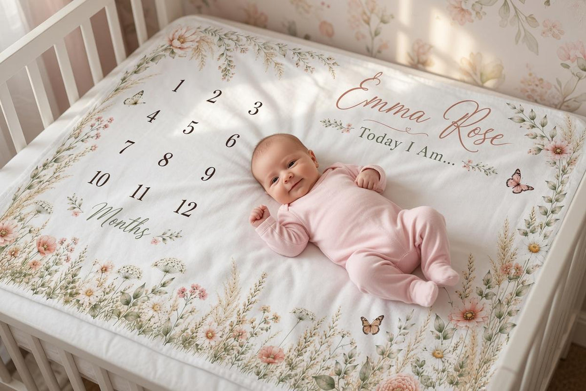 Personalized Wildflower Baby Milestone Blanket, Floral Baby Shower Gift, Custom Baby Girl Monthly Milestone Blanket, Today I 