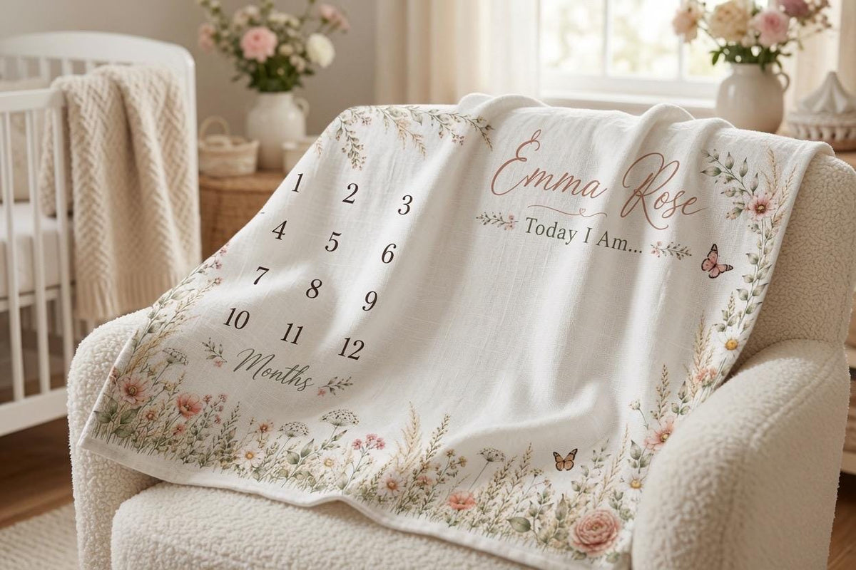 Personalized Wildflower Baby Milestone Blanket, Floral Baby Shower Gift, Custom Baby Girl Monthly Milestone Blanket, Today I 