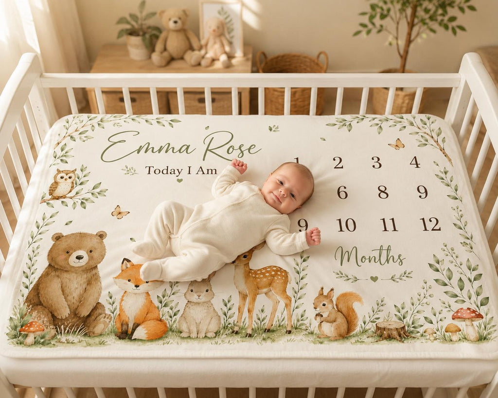 Personalized Woodland Baby Milestone Blanket, Forest Animal Baby Shower Gift, Custom Monthly Milestone Blanket, Today I Am Ba