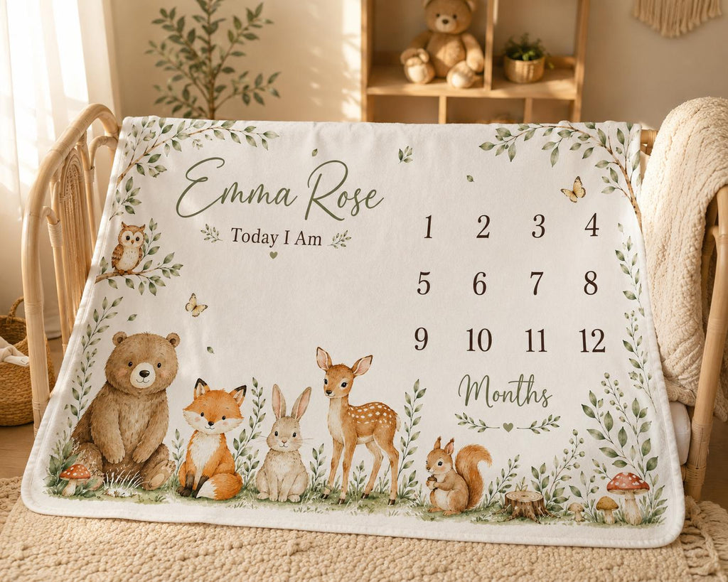 Personalized Woodland Baby Milestone Blanket, Forest Animal Baby Shower Gift, Custom Monthly Milestone Blanket, Today I Am Ba