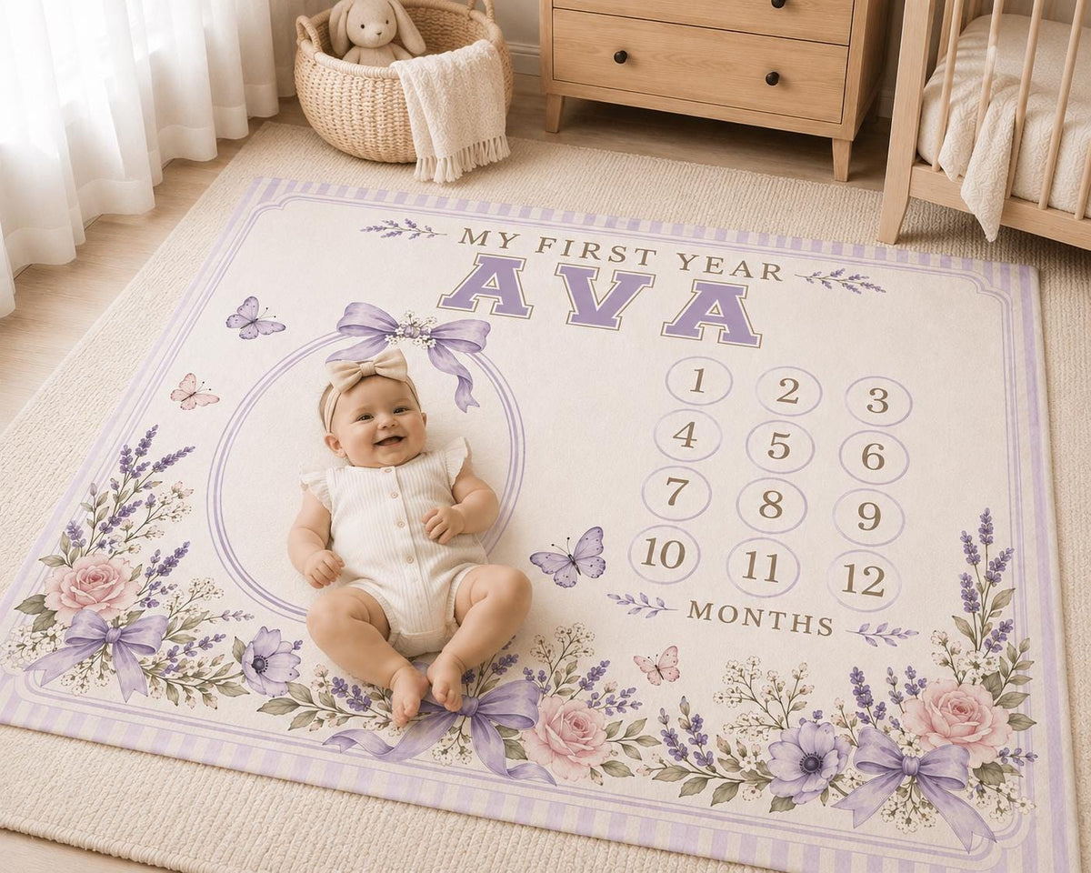 Personalized Lavender Baby Milestone Blanket, Baby Girl Monthly Milestone Blanket, Floral First Year Blanket, Purple Bow Nurs