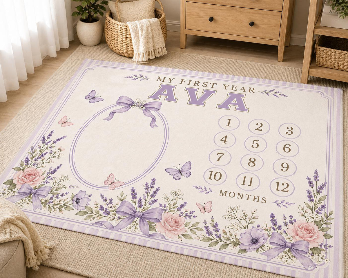 Personalized Lavender Baby Milestone Blanket, Baby Girl Monthly Milestone Blanket, Floral First Year Blanket, Purple Bow Nurs