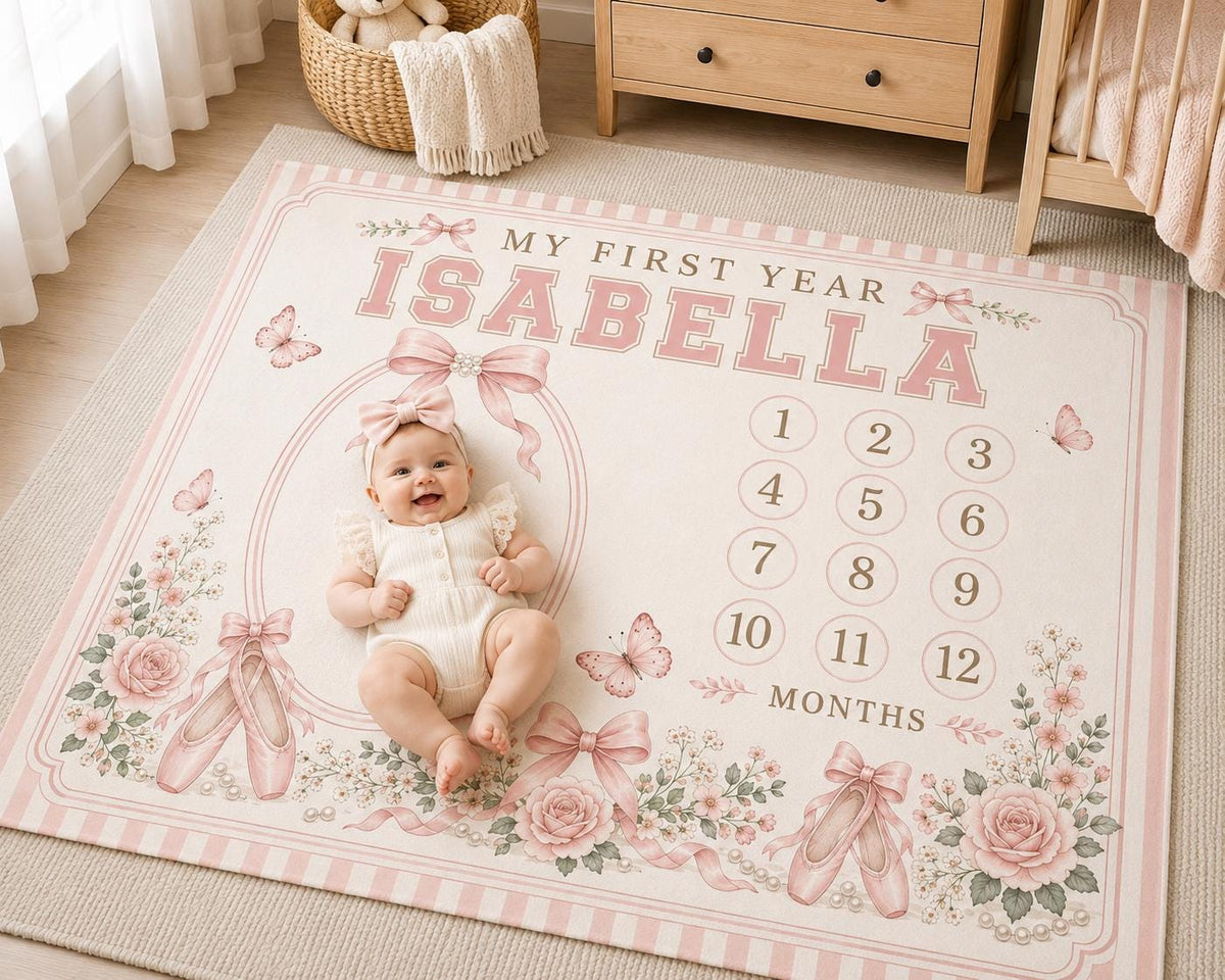 Personalized Ballet Baby Milestone Blanket, Baby Girl Monthly Milestone Blanket, Pink Bow First Year Blanket, Ballet Nursery 