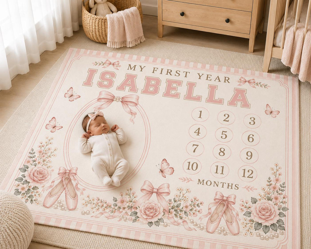 Personalized Ballet Baby Milestone Blanket, Baby Girl Monthly Milestone Blanket, Pink Bow First Year Blanket, Ballet Nursery 