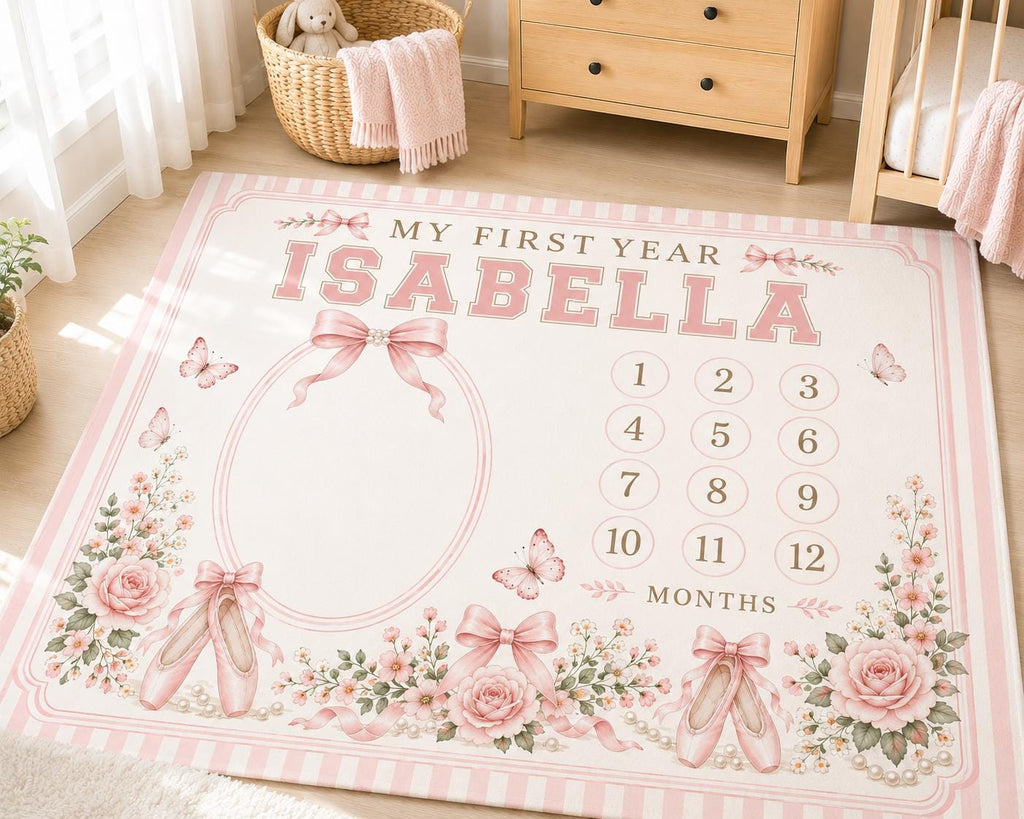 Personalized Ballet Baby Milestone Blanket, Baby Girl Monthly Milestone Blanket, Pink Bow First Year Blanket, Ballet Nursery 