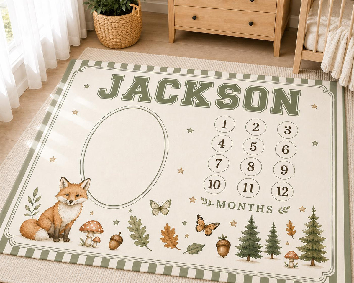 Personalized Woodland Baby Milestone Blanket, Forest Animal Monthly Milestone Blanket, Baby First Year Blanket, Fox Nursery G