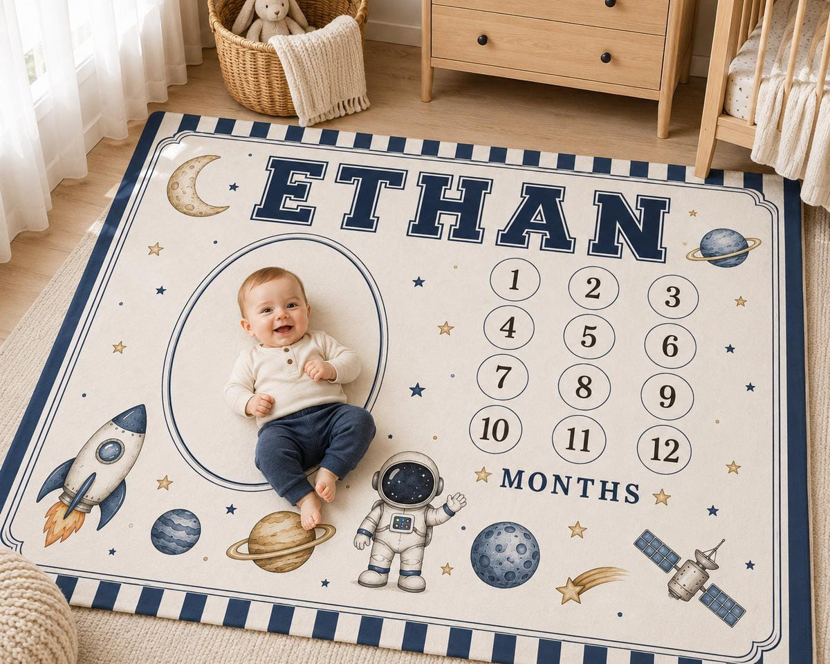 Personalized Space Milestone Blanket, Baby Monthly Milestone Blanket, Outer Space Baby Blanket, Astronaut Nursery Gift, Custo