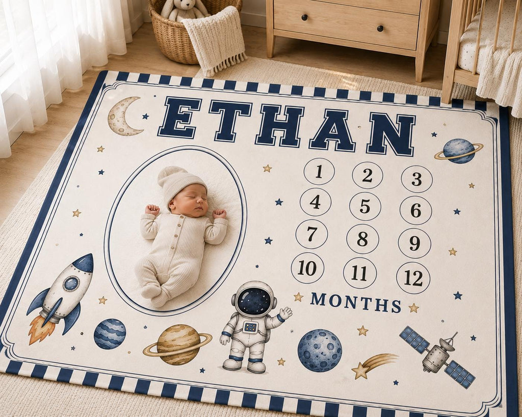 Personalized Space Milestone Blanket, Baby Monthly Milestone Blanket, Outer Space Baby Blanket, Astronaut Nursery Gift, Custo