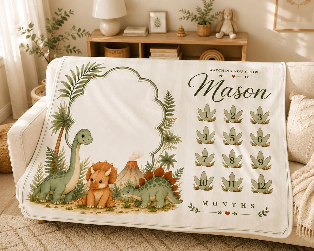 Personalized Dinosaur Baby Milestone Blanket, Custom Monthly Milestone Blanket, Dinosaur Baby Shower Gift, Watching You Grow 