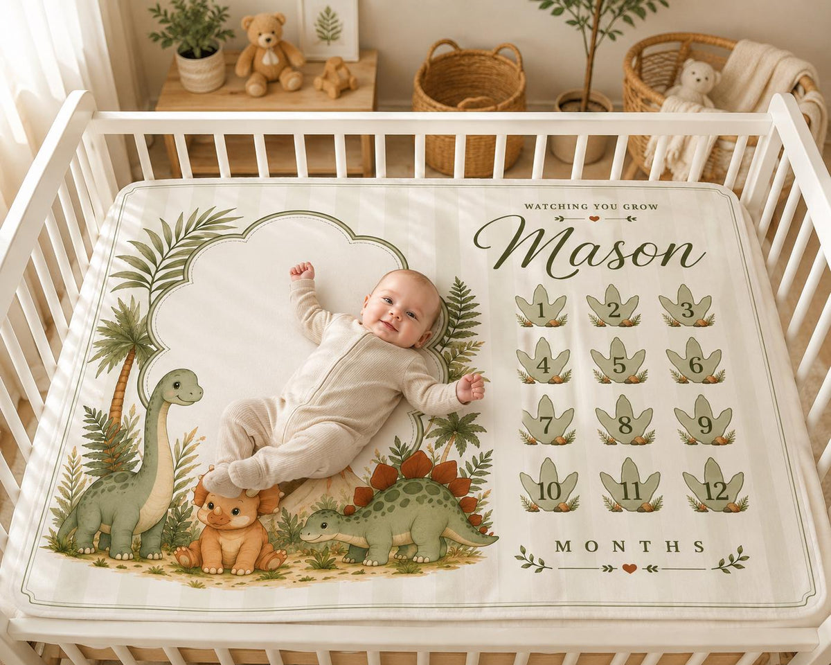 Personalized Dinosaur Baby Milestone Blanket, Custom Monthly Milestone Blanket, Dinosaur Baby Shower Gift, Watching You Grow 