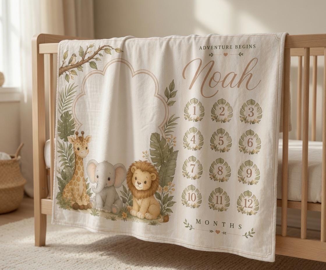 Personalized Safari Baby Milestone Blanket, Jungle Animal Monthly Milestone Blanket, Custom Baby Shower Gift, Adventure Begin