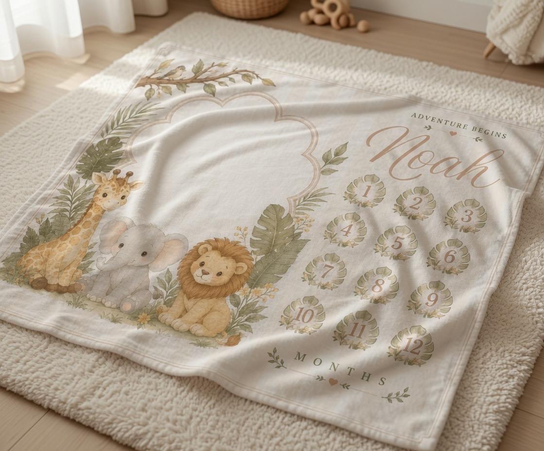 Personalized Safari Baby Milestone Blanket, Jungle Animal Monthly Milestone Blanket, Custom Baby Shower Gift, Adventure Begin