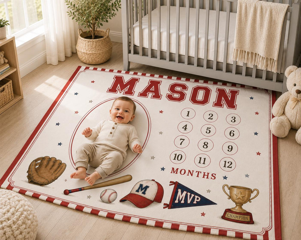 Personalized Baseball Baby Milestone Blanket, Little Slugger Monthly Milestone Blanket, Baseball Nursery Decor, First Year Ph