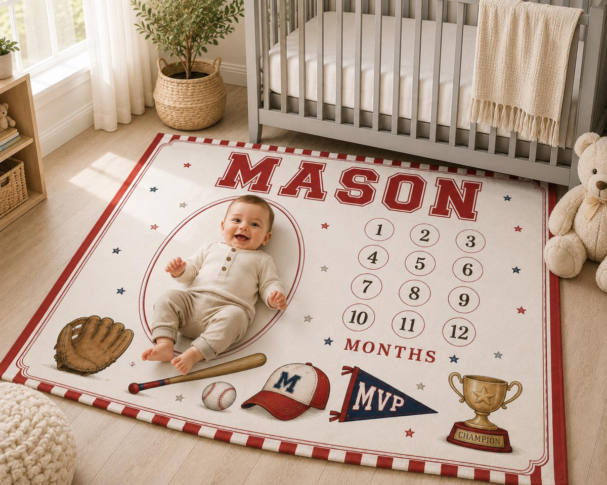 Personalized Baseball Baby Milestone Blanket, Little Slugger Monthly Milestone Blanket, Baseball Nursery Decor, First Year Ph