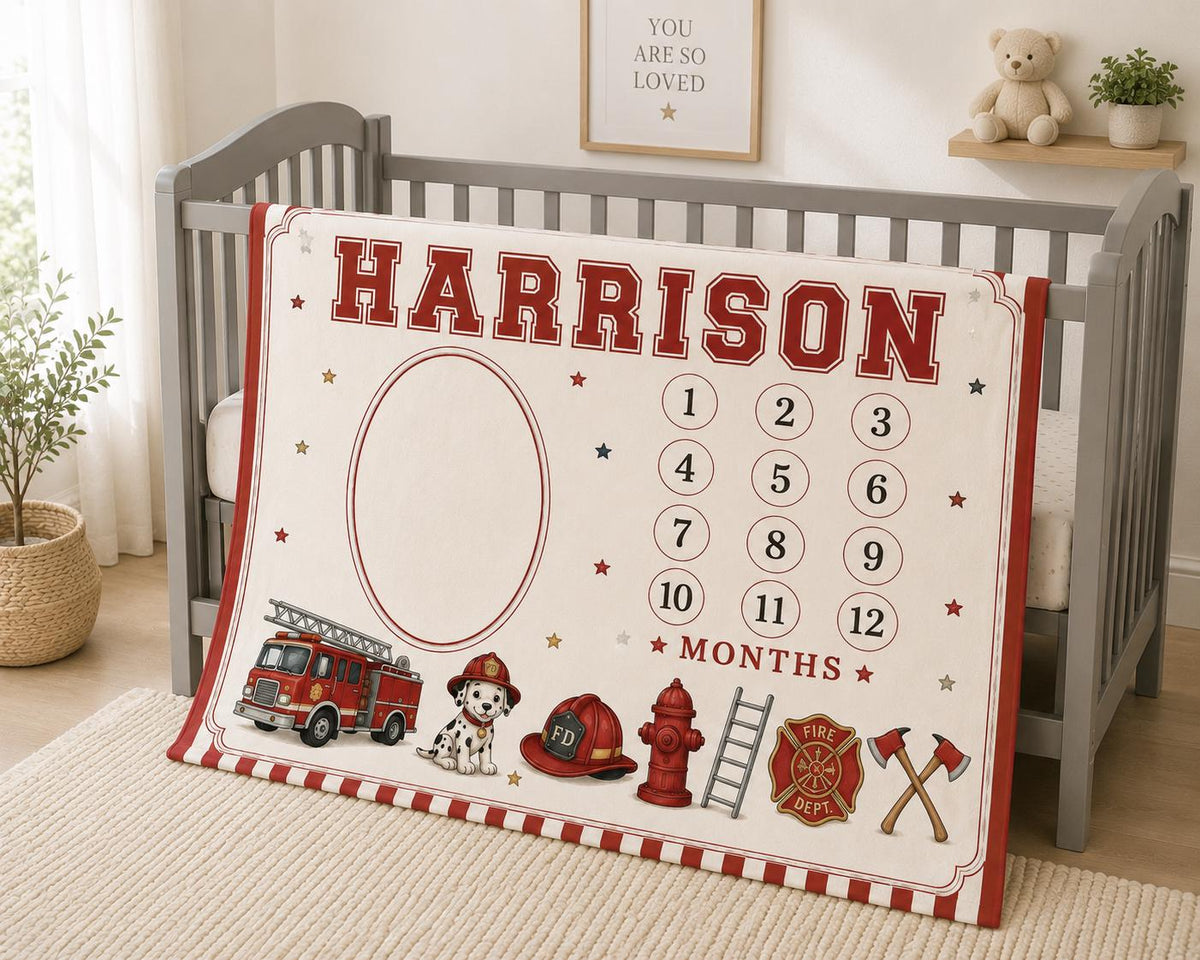Personalized Firefighter Baby Milestone Blanket, Fire Truck Monthly Milestone Blanket, Firefighter Nursery Decor, First Year 