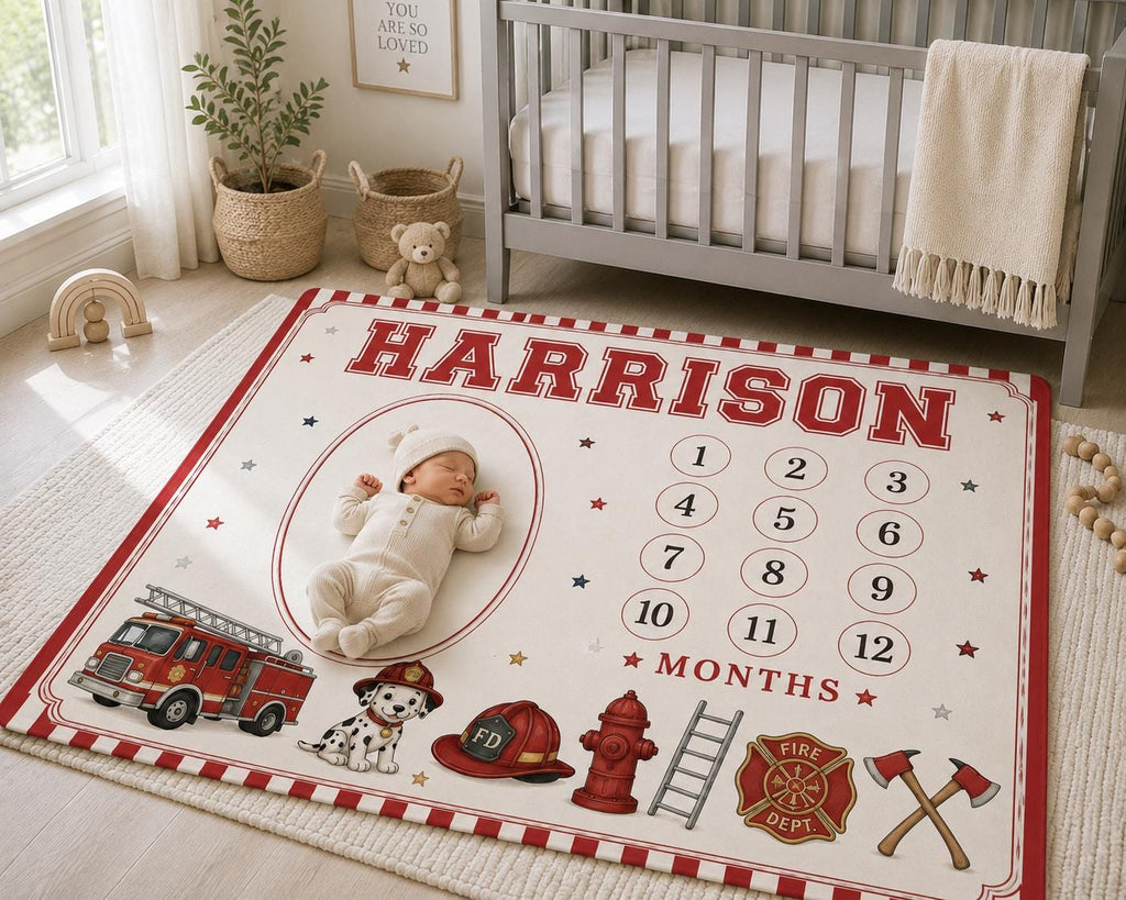 Personalized Firefighter Baby Milestone Blanket, Fire Truck Monthly Milestone Blanket, Firefighter Nursery Decor, First Year 
