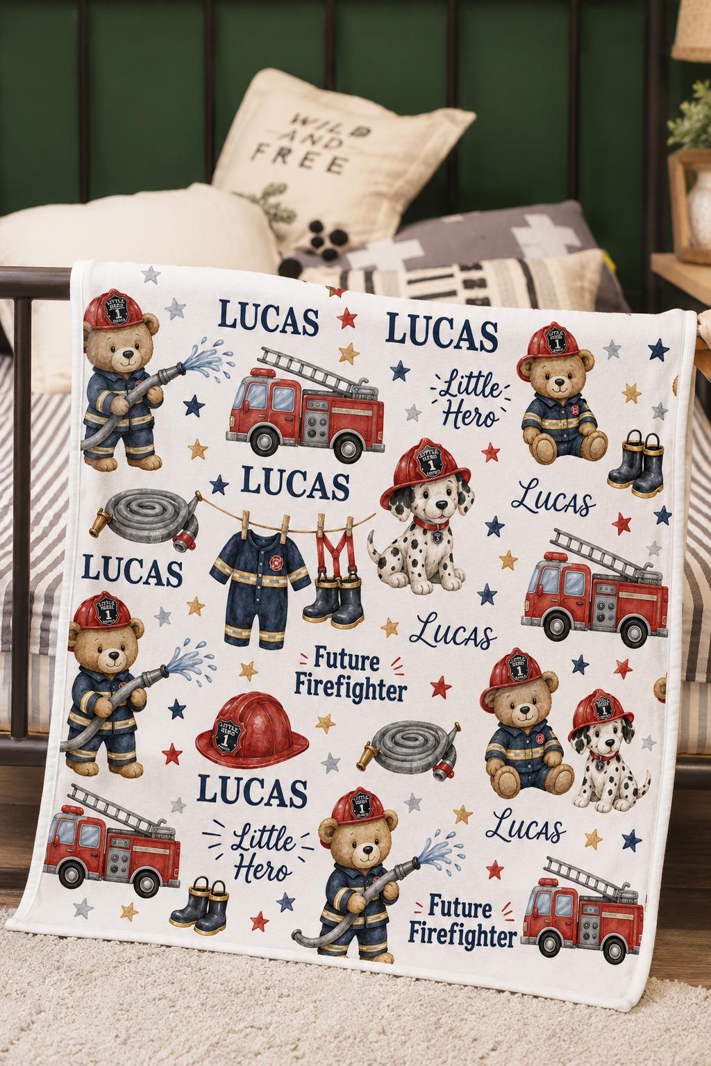 Personalized Firefighter Baby Blanket, Future Firefighter Blanket, Fire Truck Teddy Bear Blanket, Custom Fireman Baby Gift Nu