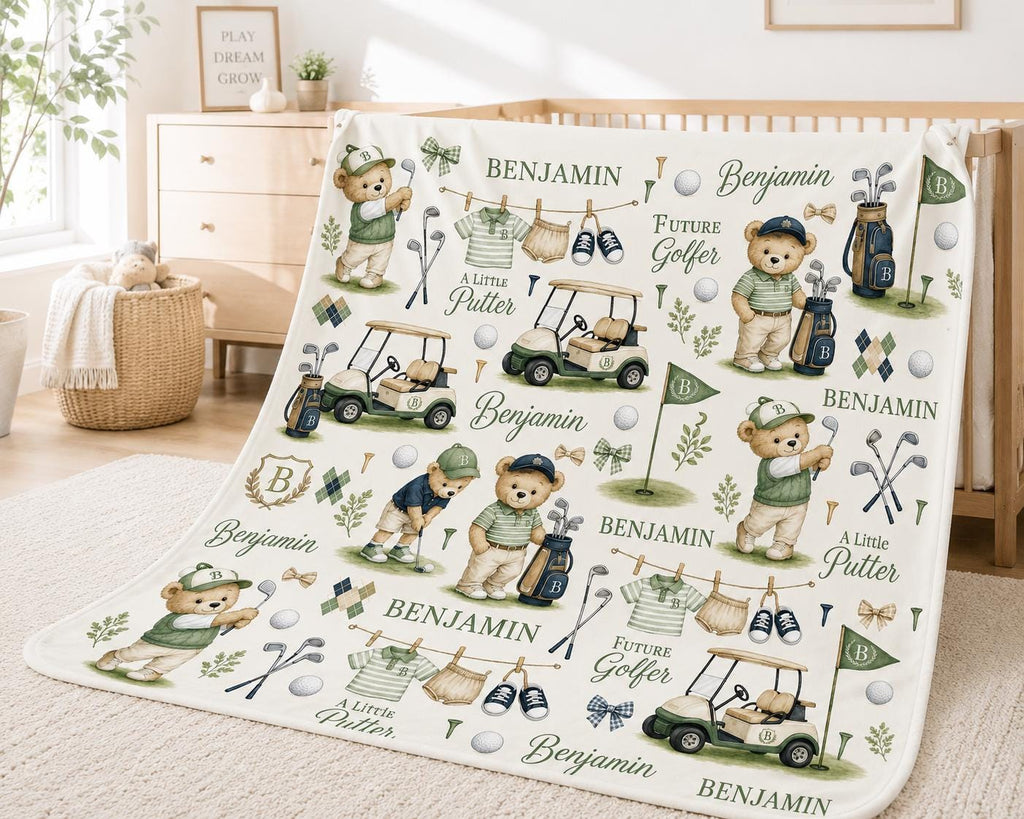 Personalized Golf Baby Blanket, Custom Golf Baby Gift, Future Golfer Nursery Blanket, Little Putter Blanket, Golf Teddy Bear 