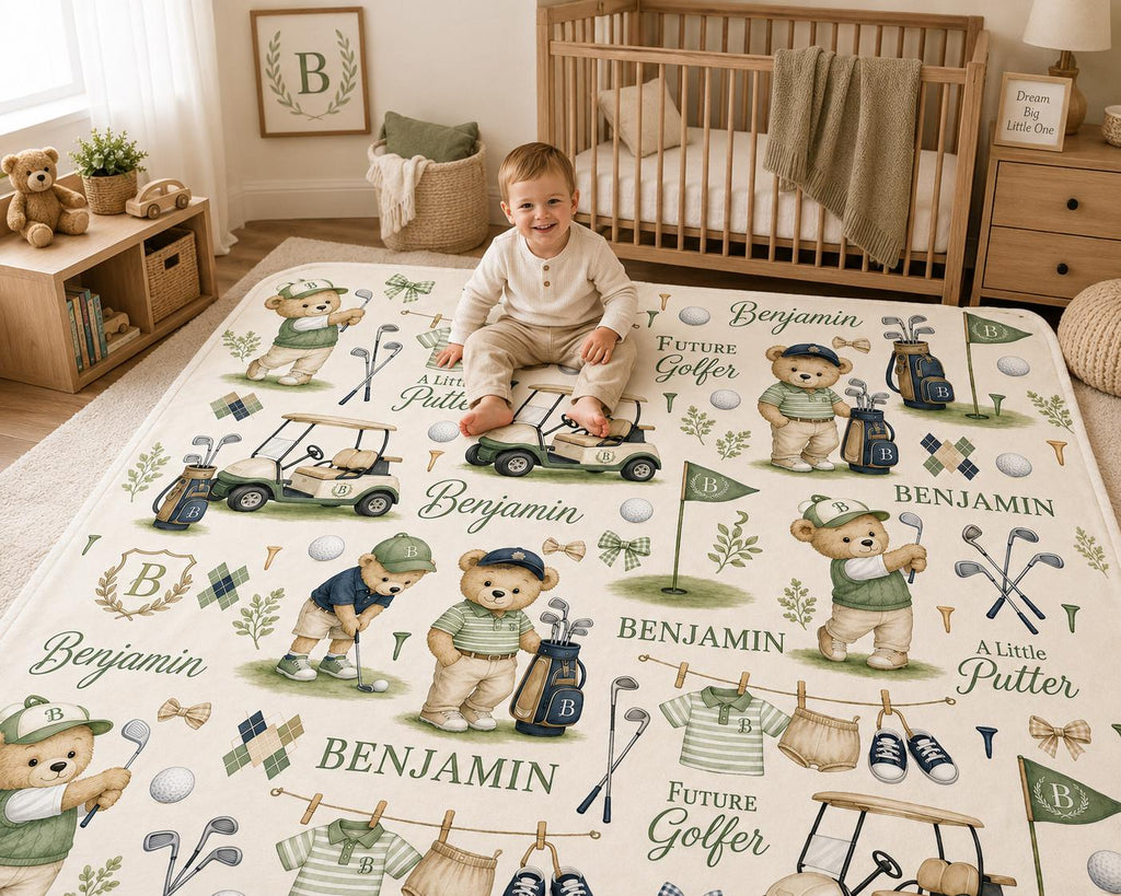 Personalized Golf Baby Blanket, Custom Golf Baby Gift, Future Golfer Nursery Blanket, Little Putter Blanket, Golf Teddy Bear 