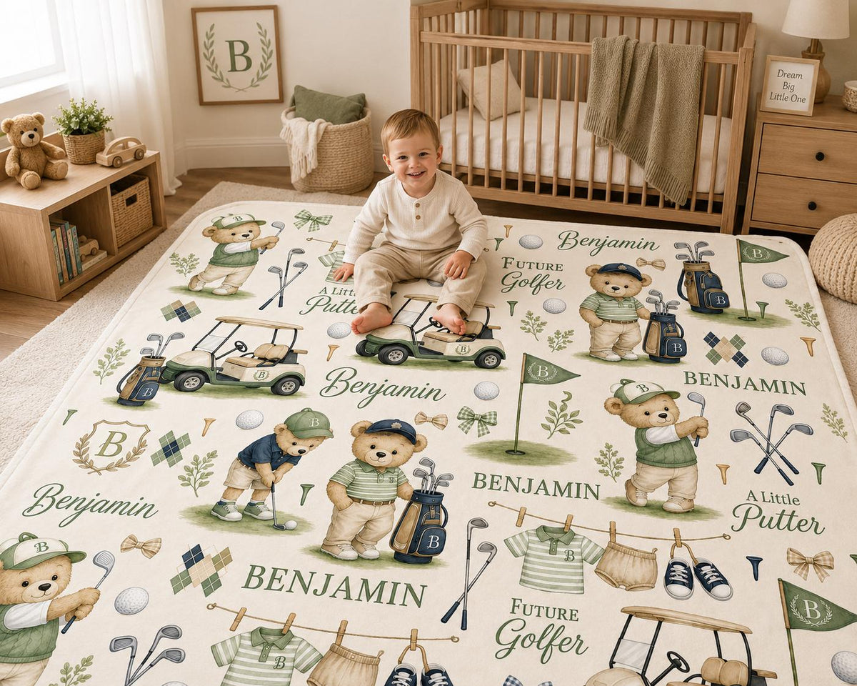 Personalized Golf Baby Blanket, Custom Golf Baby Gift, Future Golfer Nursery Blanket, Little Putter Blanket, Golf Teddy Bear 