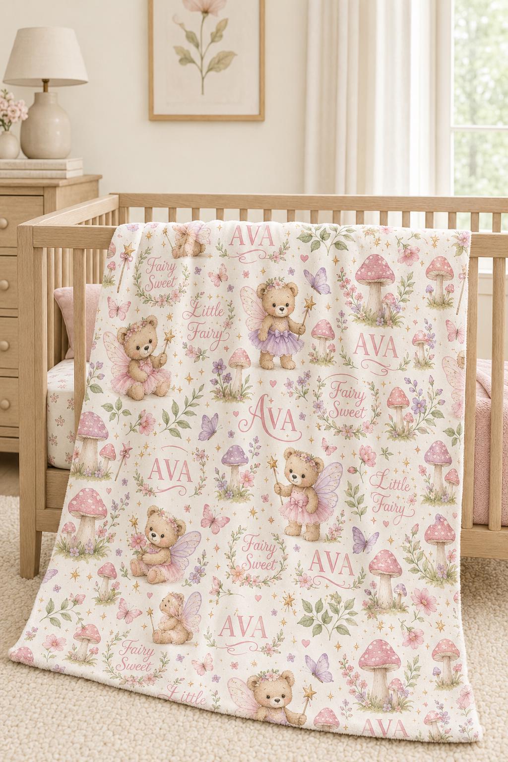 Personalized Fairy Baby Blanket, Custom Fairy Teddy Bear Blanket, Magical Baby Girl Blanket, Fairytale Nursery Decor, Baby Sh