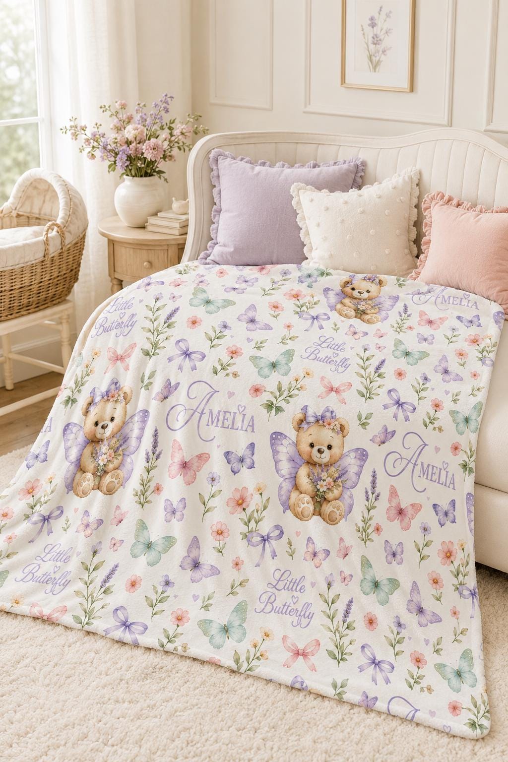 Personalized Butterfly Baby Blanket, Custom Butterfly Teddy Bear Blanket, Baby Girl Blanket, Butterfly Nursery Decor, Baby Sh