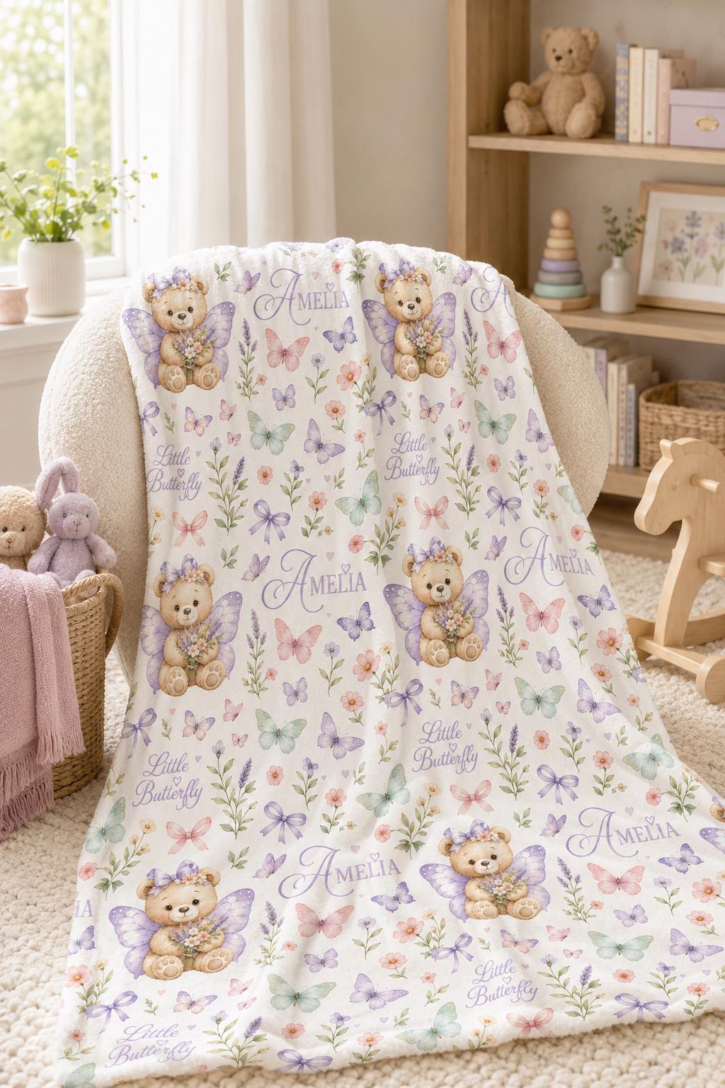 Personalized Butterfly Baby Blanket, Custom Butterfly Teddy Bear Blanket, Baby Girl Blanket, Butterfly Nursery Decor, Baby Sh