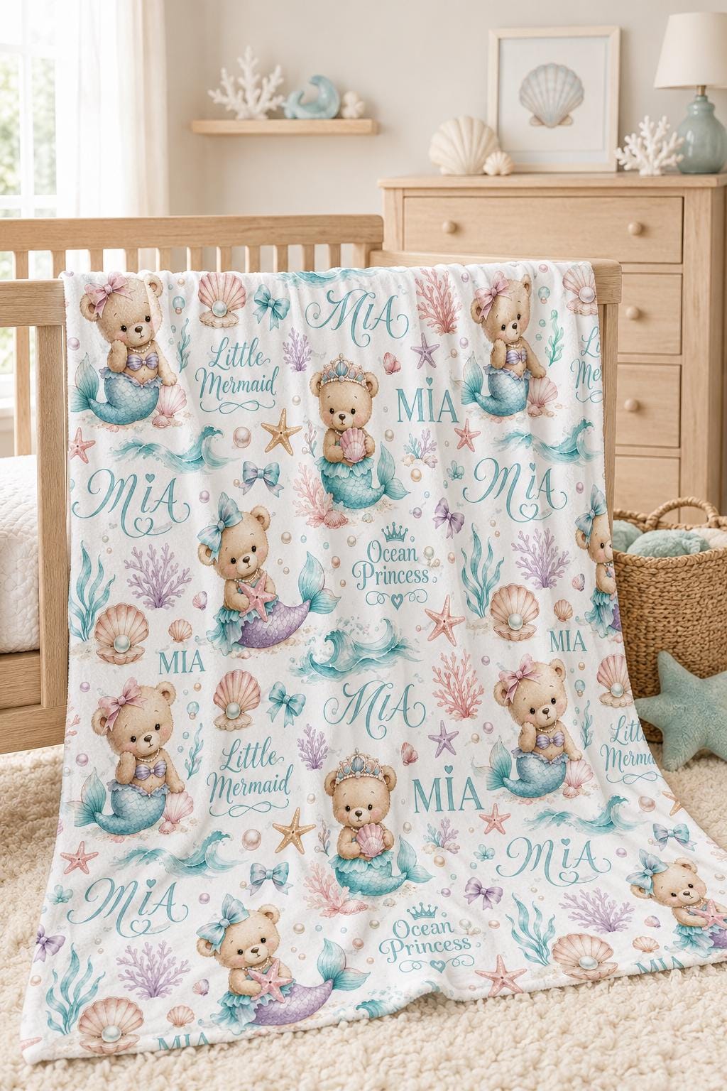 Personalized Mermaid Baby Blanket, Custom Ocean Princess Name Blanket, Little Mermaid Nursery Blanket, Mermaid Girl Baby Show