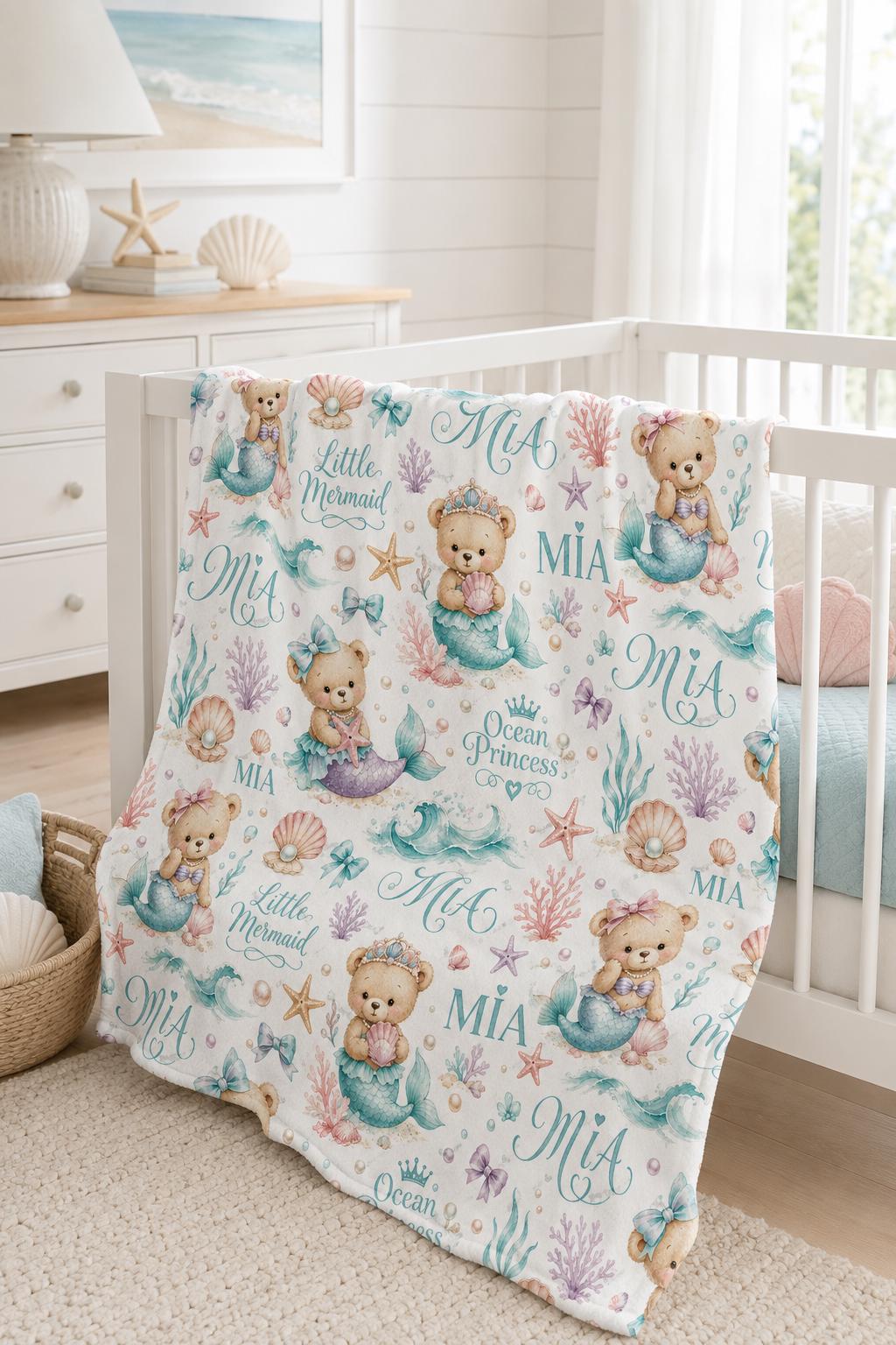 Personalized Mermaid Baby Blanket, Custom Ocean Princess Name Blanket, Little Mermaid Nursery Blanket, Mermaid Girl Baby Show