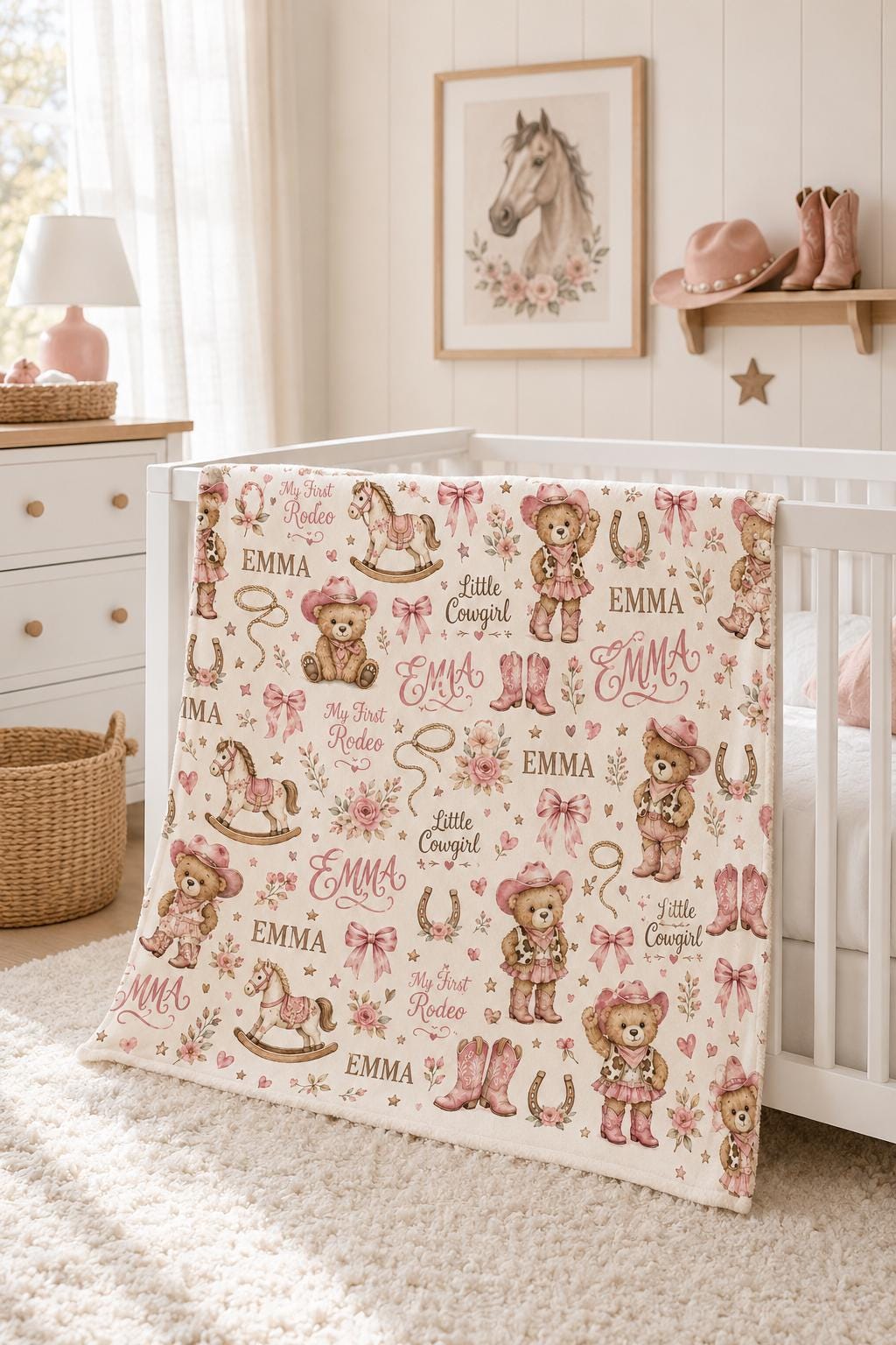 Personalized Cowgirl Baby Blanket, Custom Western Baby Girl Blanket, My First Rodeo Blanket, Pink Cowboy Nursery Blanket, Bab