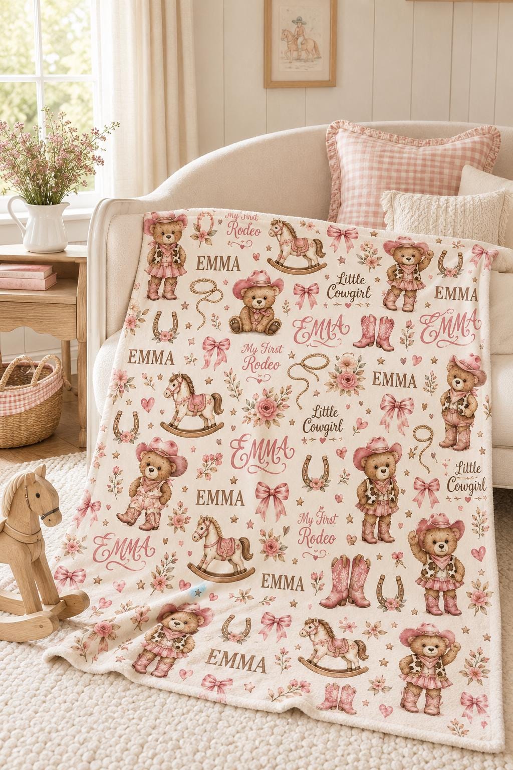 Personalized Cowgirl Baby Blanket, Custom Western Baby Girl Blanket, My First Rodeo Blanket, Pink Cowboy Nursery Blanket, Bab