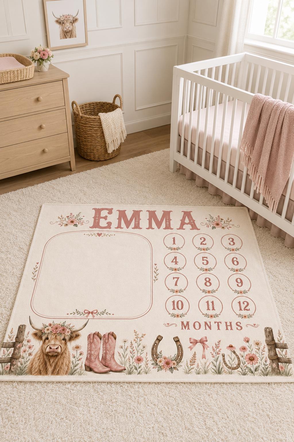 Personalized Cowgirl Milestone Blanket, My First Year Blanket, Western Baby Girl Milestone Blanket, Pink Highland Cow Monthly