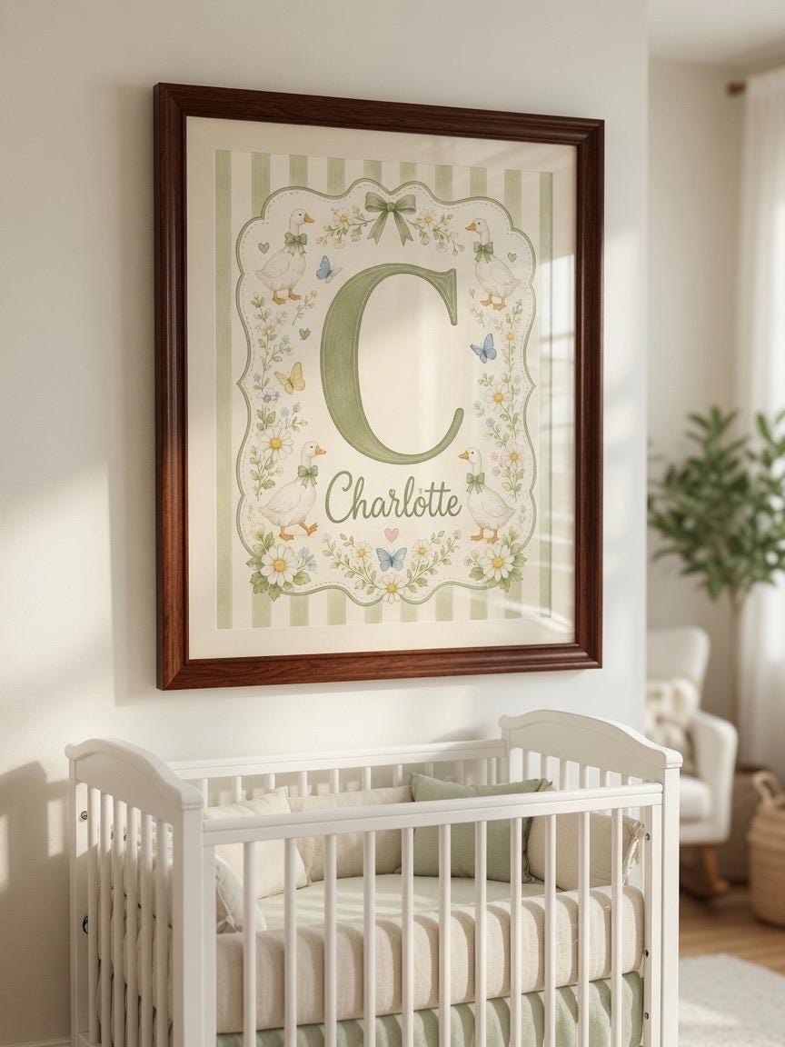 Personalized Goose Nursery Print, Custom Girl Name Wall Art, Sage Green Nursery Decor, Baby Goose Printable Digital Download