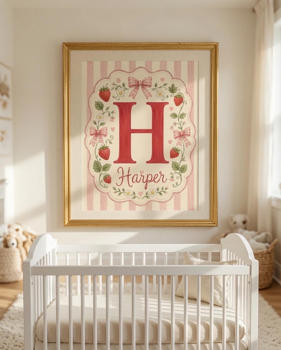 Personalized Strawberry Nursery Print, Custom Girl Name Wall Art, Floral Initial Nursery Decor, Baby Girl Digital Download