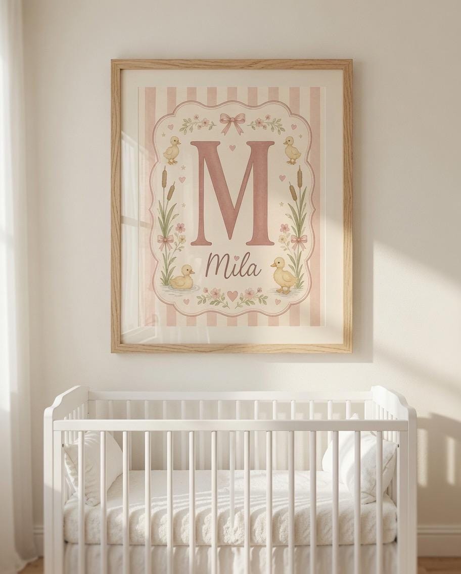 Personalized Duck Nursery Name Print, Custom Girl Initial Wall Art, Pink Nursery Decor, Baby Girl Printable Digital Download
