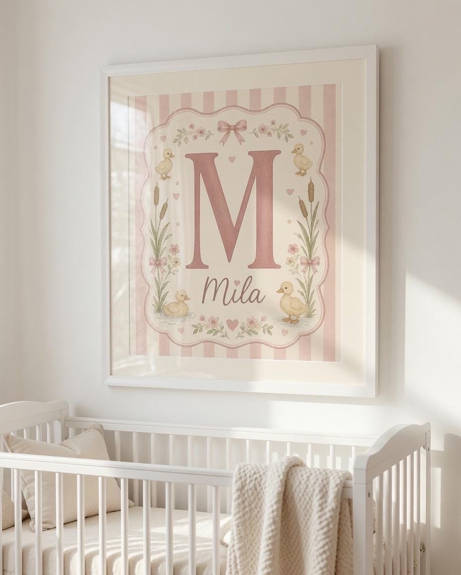 Personalized Duck Nursery Name Print, Custom Girl Initial Wall Art, Pink Nursery Decor, Baby Girl Printable Digital Download
