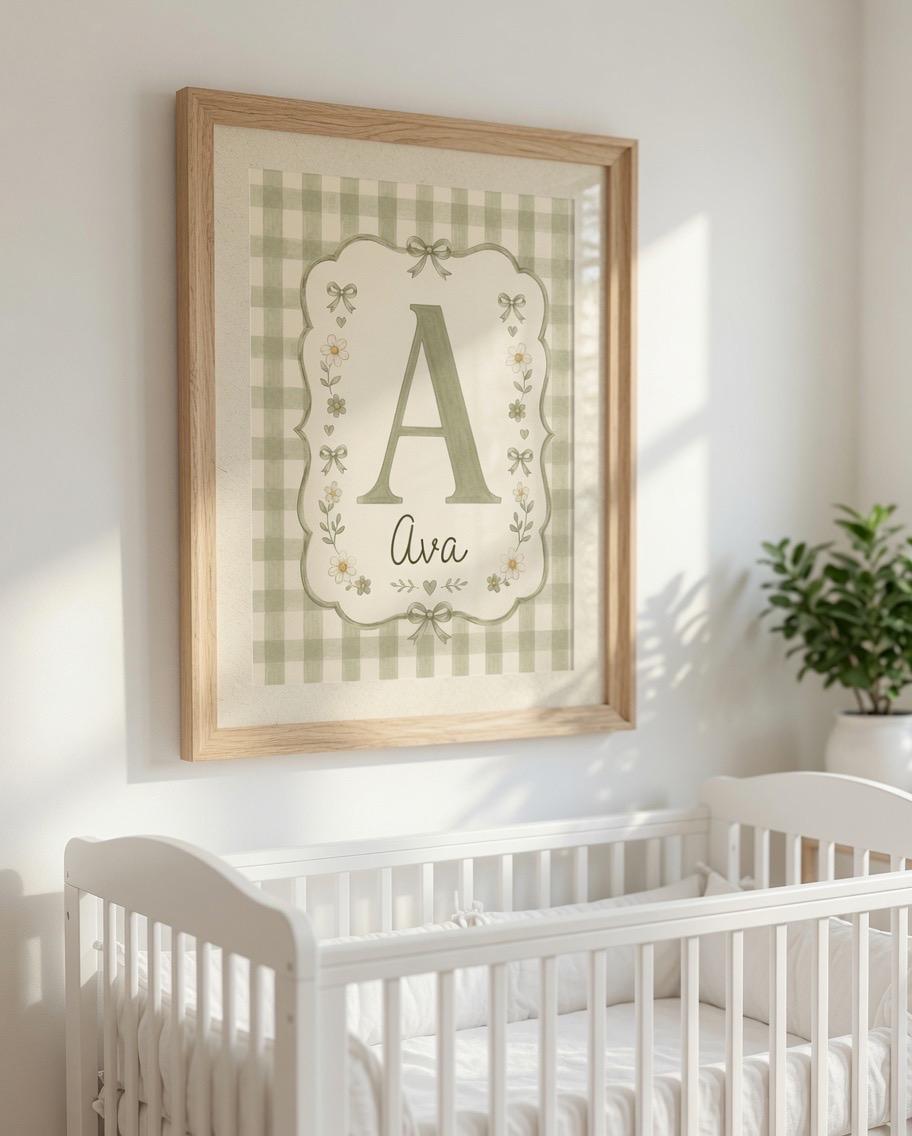 Personalized Floral Initial Nursery Print, Custom Girl Name Wall Art, Sage Gingham Nursery Decor, Digital Download Gift